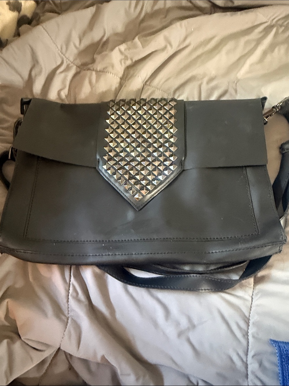 Black Studded Flap Leather Messenger Bag